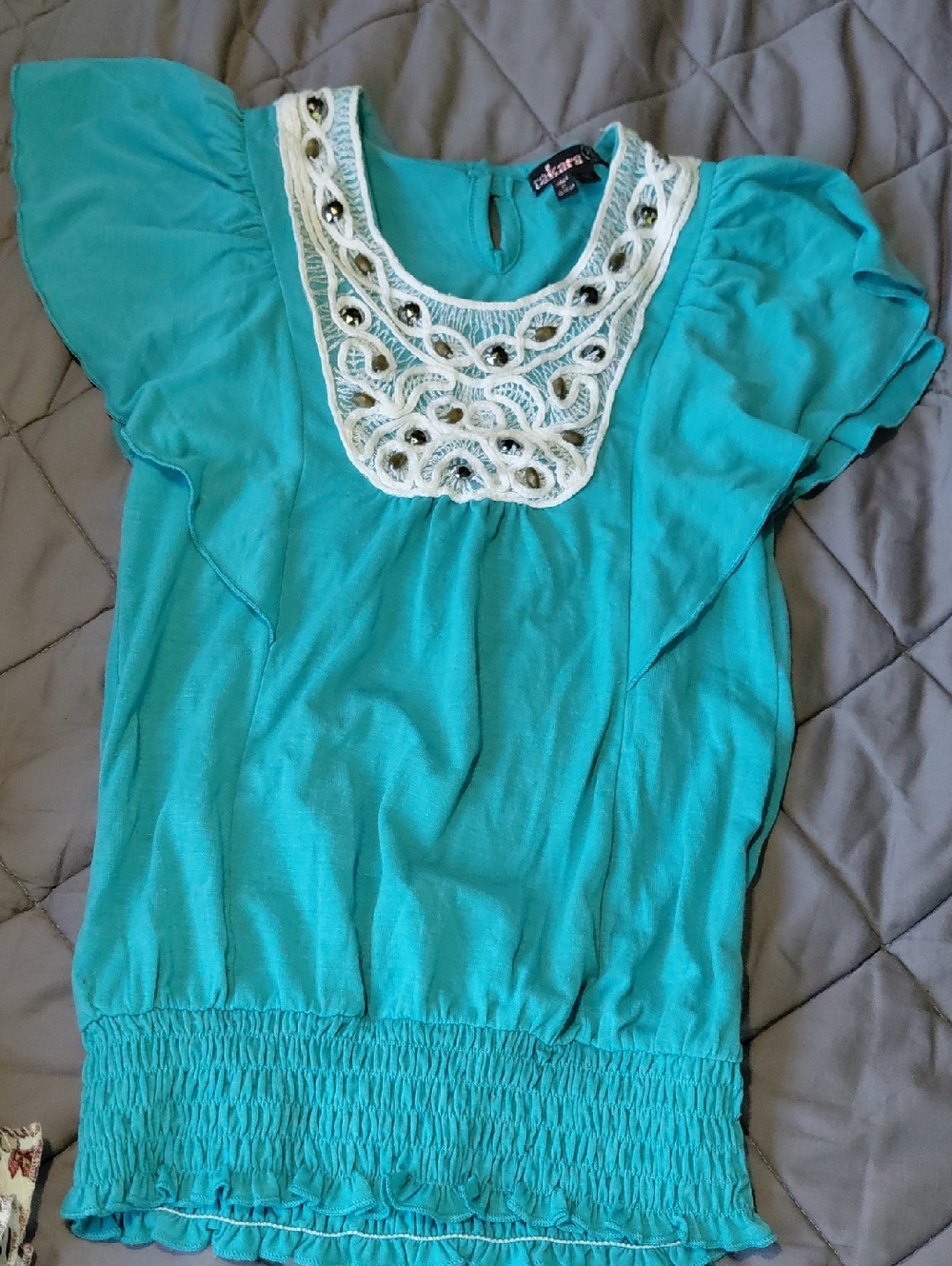 GIRLS Takara Turquoise Flutter Sleeve Top with Crochet Neck